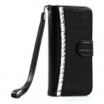 Wholesale Apple iPhone 5 5S Crystal Bling Flip Leather Wallet TPU Case with Strap and Stand (Black)